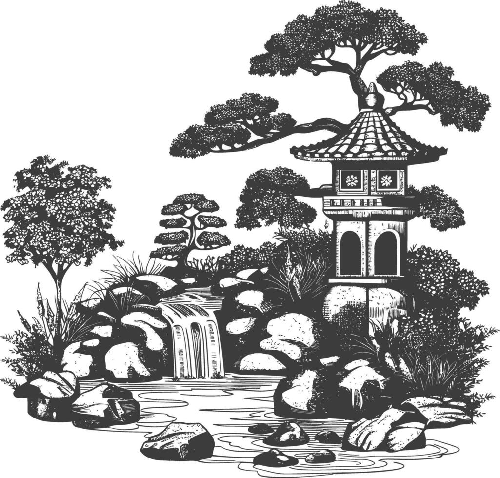 Detailed sketch of a traditional Japanese garden with a pagoda, trees, and a waterfall. vector