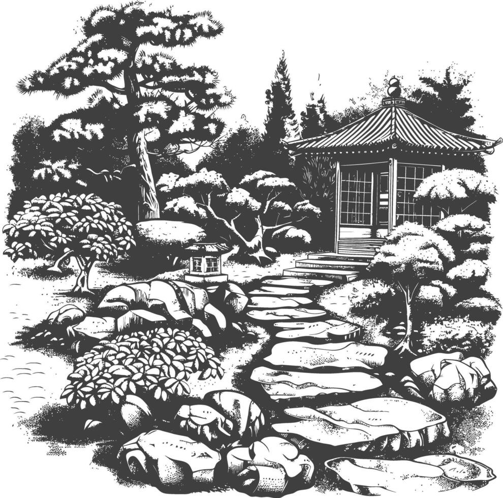Traditional Japanese Garden with Stepping Stones and Stone Lantern vector