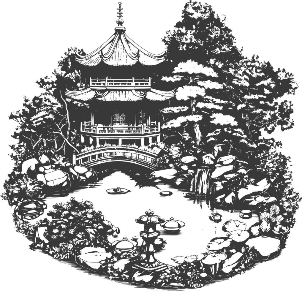 Ornate Traditional Japanese Garden with Stone Bridge and Koi Pond vector