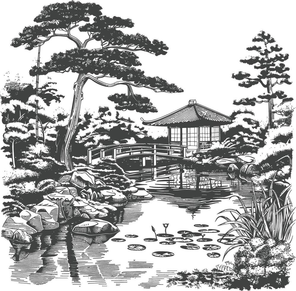 Traditional Japanese Garden with a Peaceful Pond and Wooden Pavilion vector