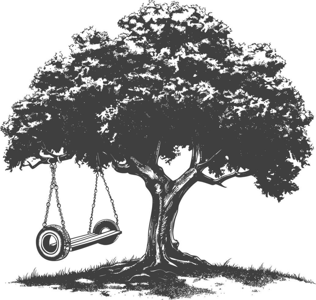 Detailed ink drawing of a large tree with a tire swing hanging from one of its branches vector