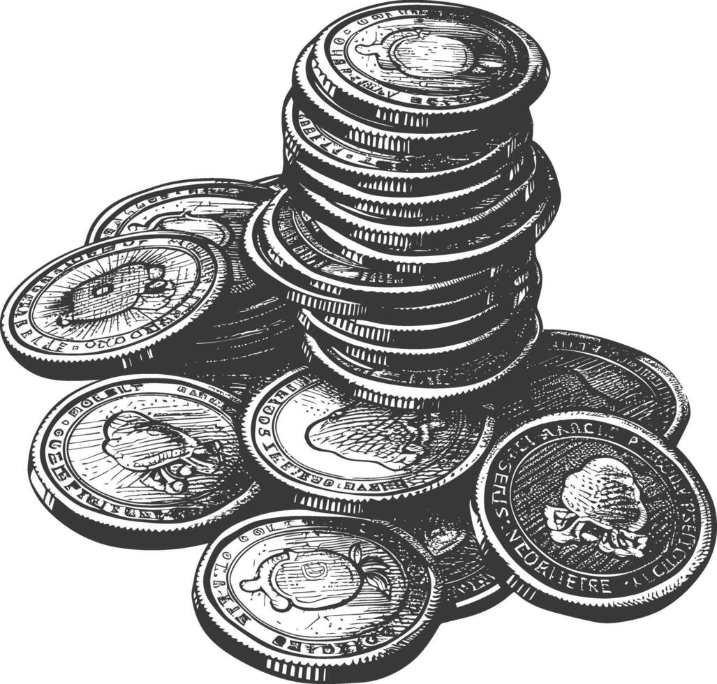 Detailed illustration of a stack of various old gold coins with intricate designs and symbols vector