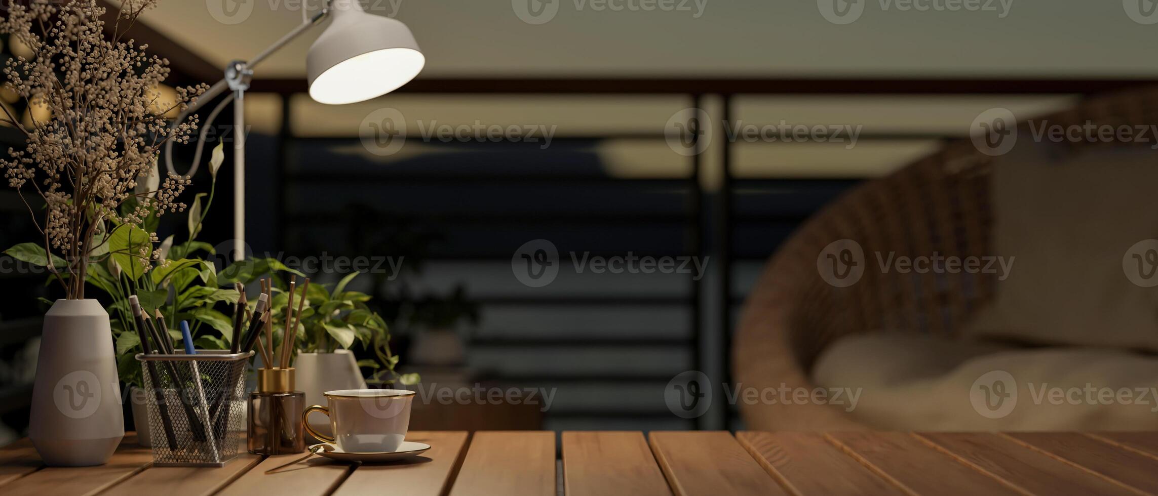 A close-up image of a space on a wooden coffee tabletop on a home balcony in a nighttime. photo
