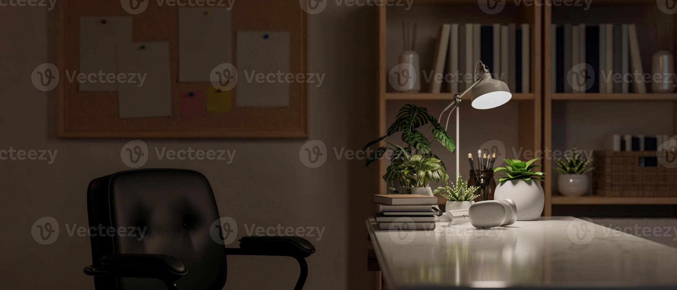 Side view image of a working desk in a minimal home office at night. home office at night. photo