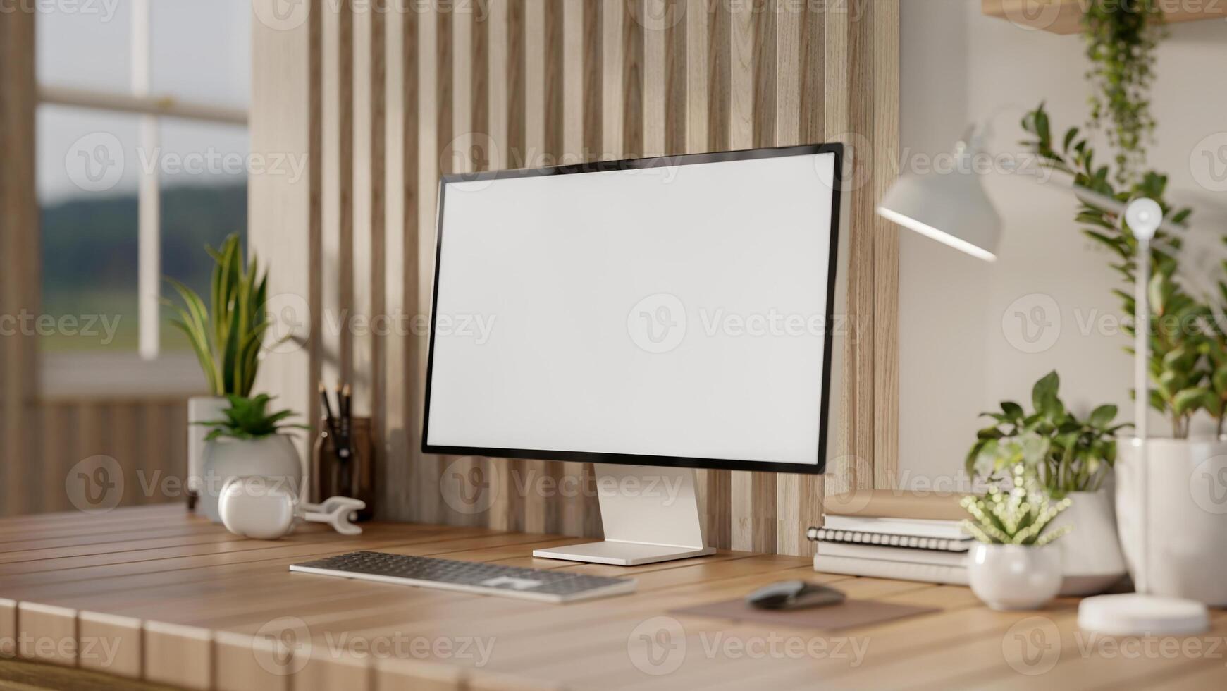 A computer mockup and decor plants on a wooden table in a minimalist Scandinavian office. photo