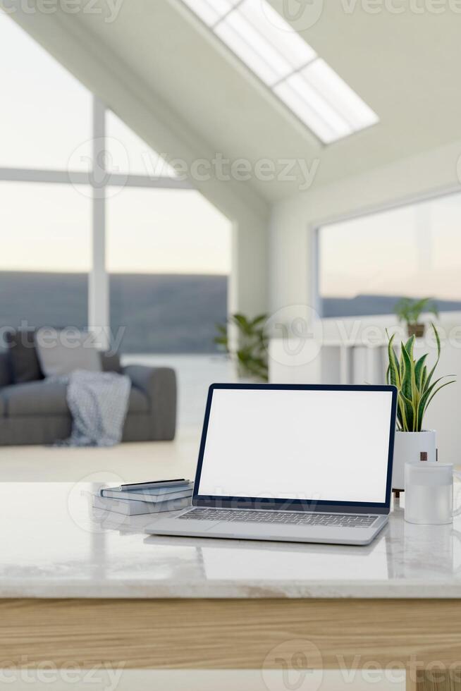 Home workspace, a laptop computer mockup on a table in a modern living room with a nature view. photo