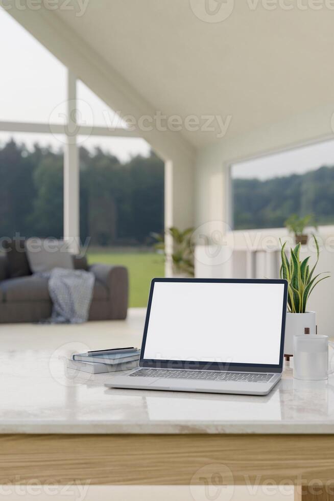 Home workspace, a laptop computer mockup on a table in a modern living room with a nature view. photo