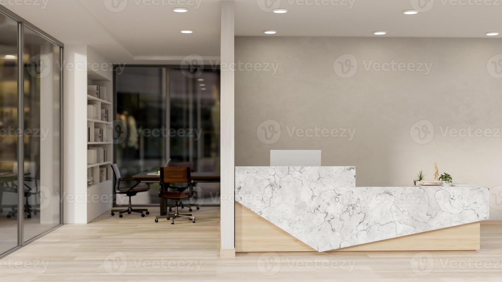 A modern office entrance features a reception counter and a corridor leading to the meeting room. photo