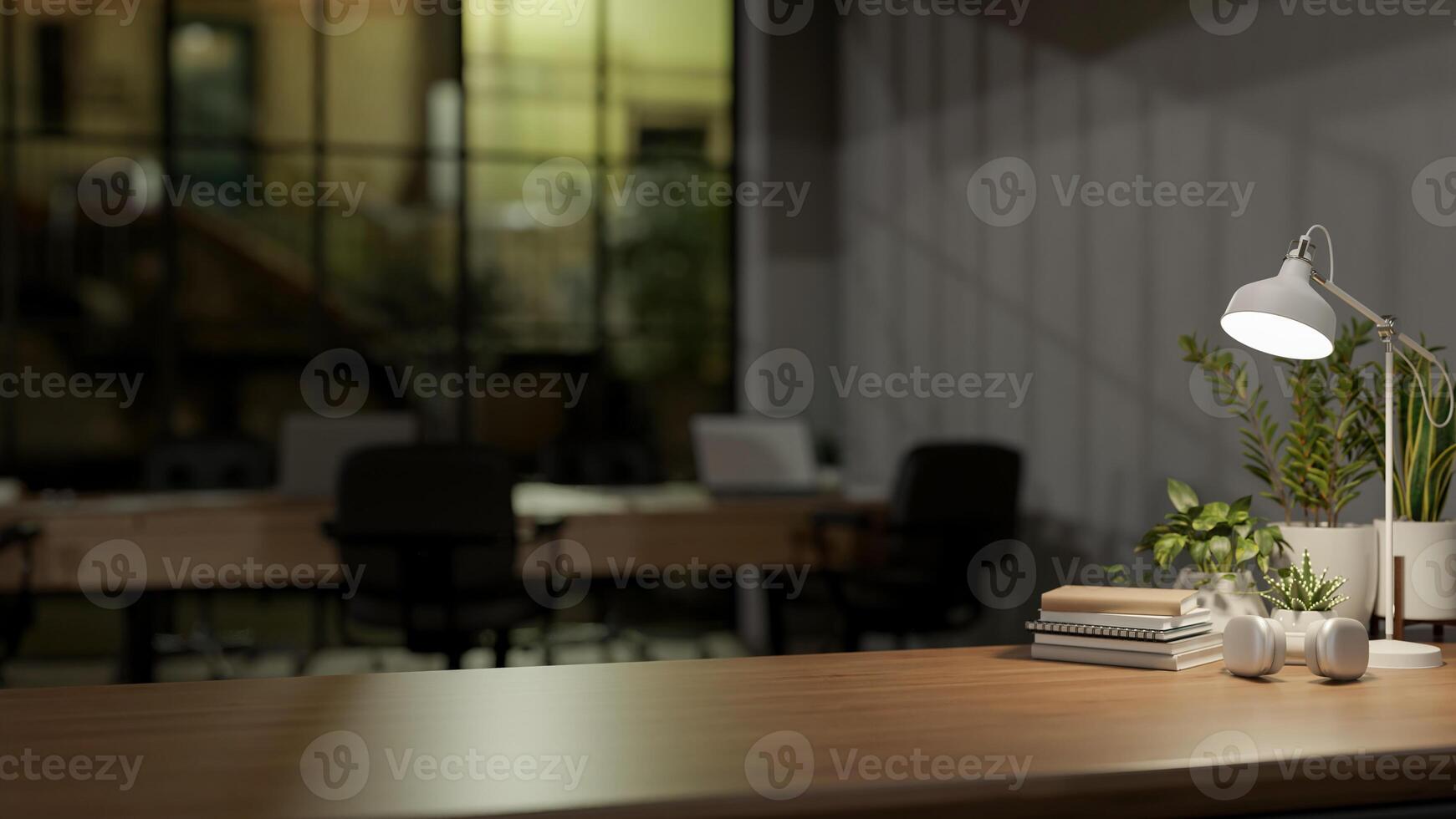 A copy space for displaying products on a wooden table in a modern office at night. photo