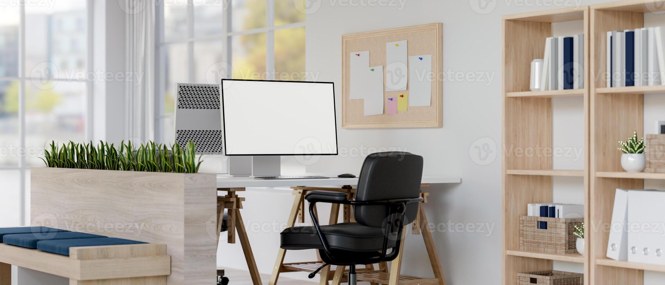 A modern, minimalist office features computer desks, shelves, office chairs, and decor. photo