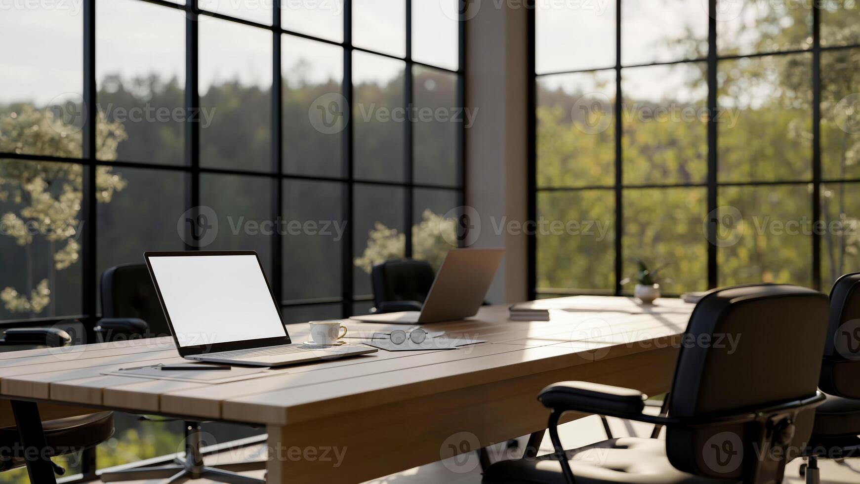 A laptop computer with a white-screen mockup on a wooden meeting table in a modern meeting room. photo