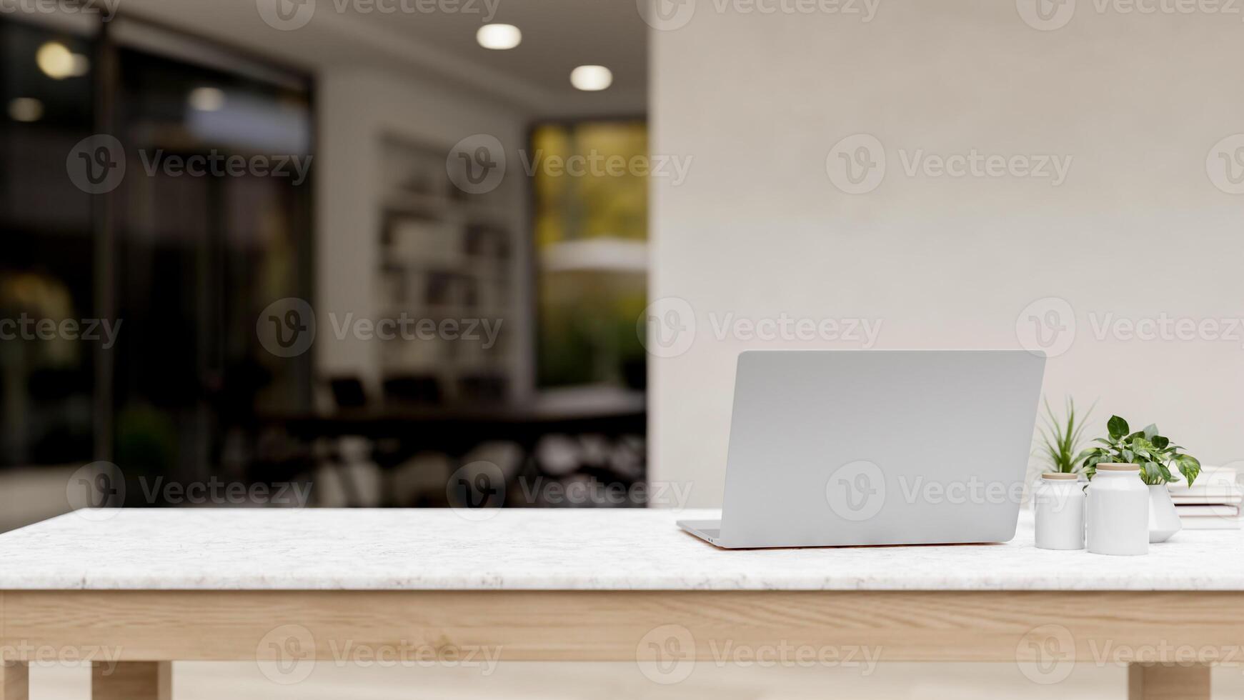 A back view image of a laptop computer and decorative plants on a white tabletop in a modern office. photo