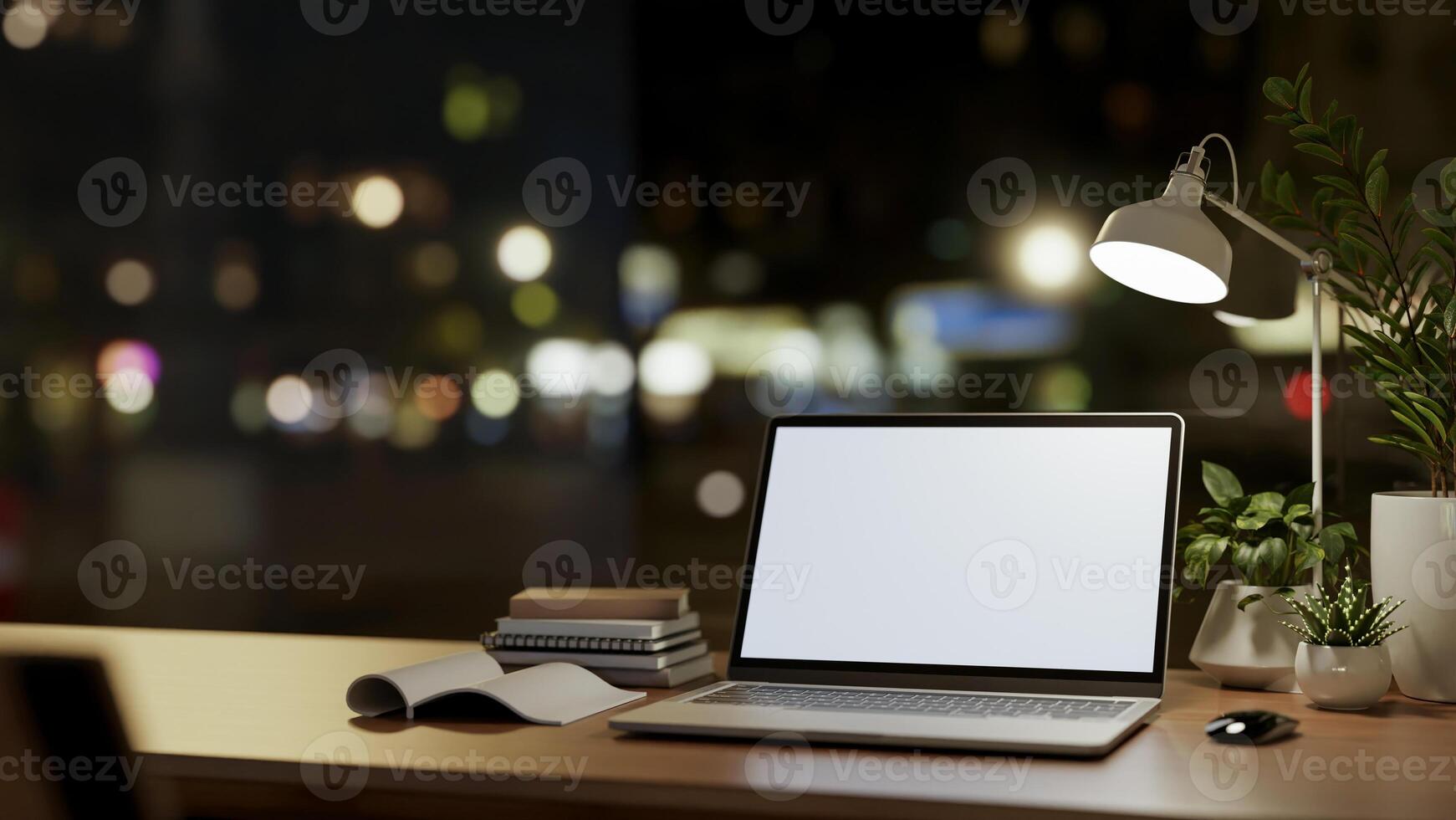 A laptop computer mockup on wooden table against the window with city nightlight view. photo