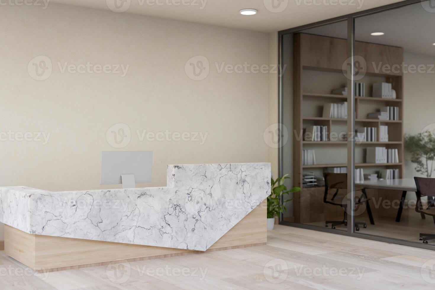 The interior design of a modern office entrance hallway features a marble reception counter. photo
