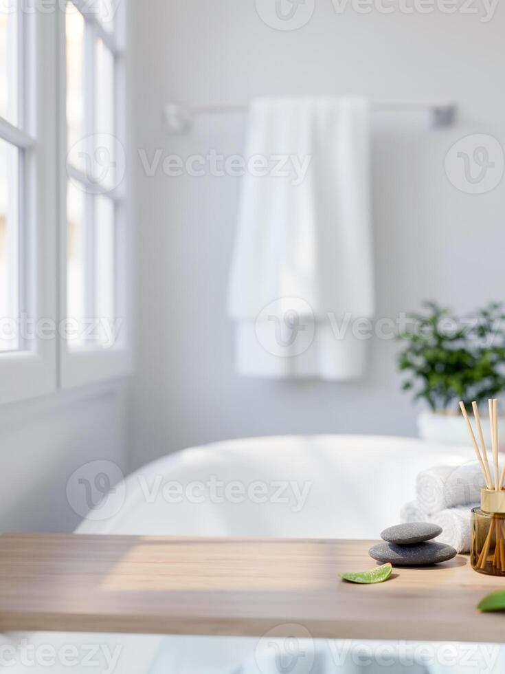 A space for displaying products on a wooden bathtub tray in a modern white and clean bathroom. photo