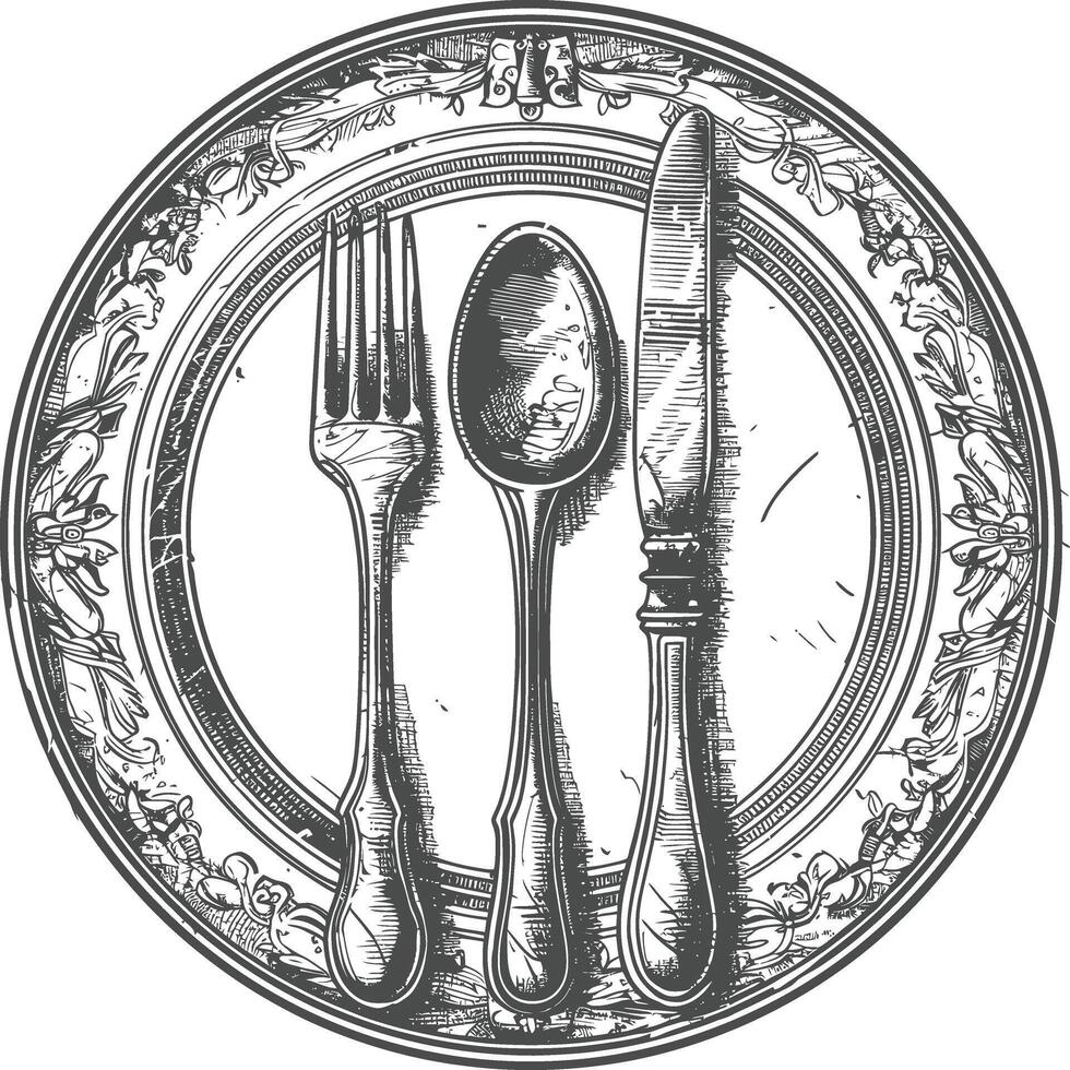 Vintage silverware set on ornate plate vector