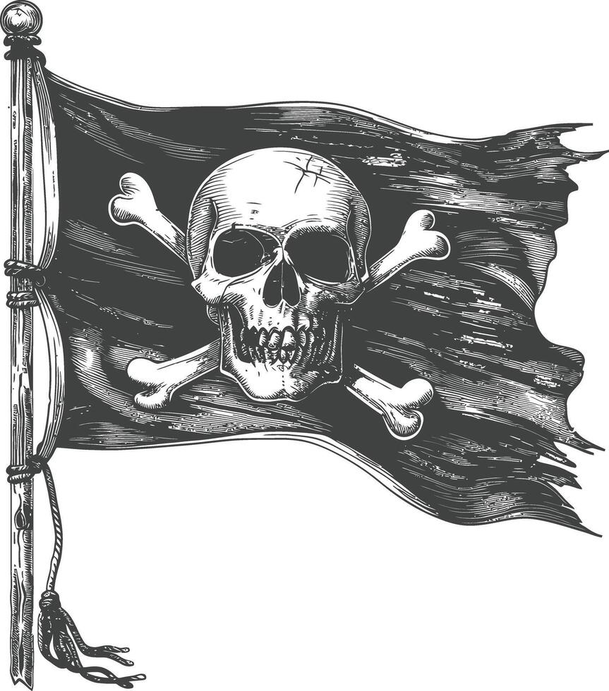 Detailed black and white illustration of a tattered pirate flag with a skull and crossbones. vector