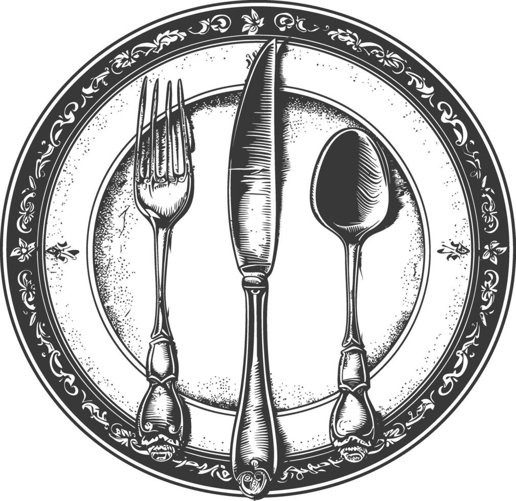 Vintage engraving of a plate with a fork, knife, and spoon vector