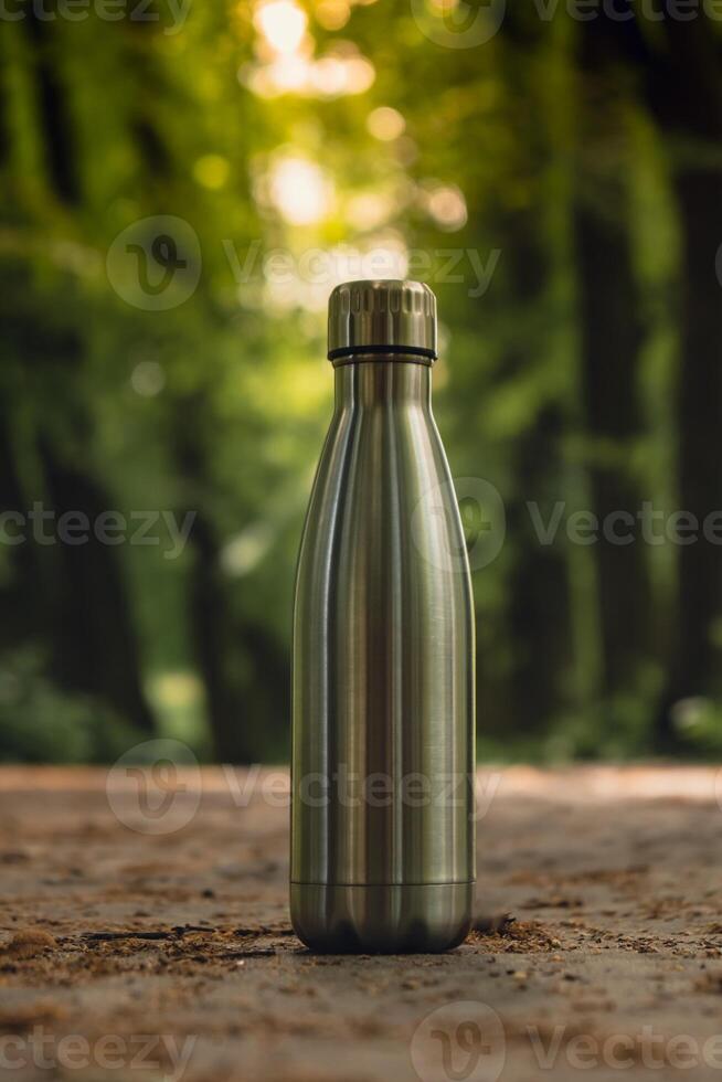 Water bottle. Reusable steel thermo water bottle on green grass. Sustainable lifestyle. Plastic free zero waste free living. Go green Environment protection. Health-conscious. Steel thermo water bottle of silver on background of blurred grass. photo