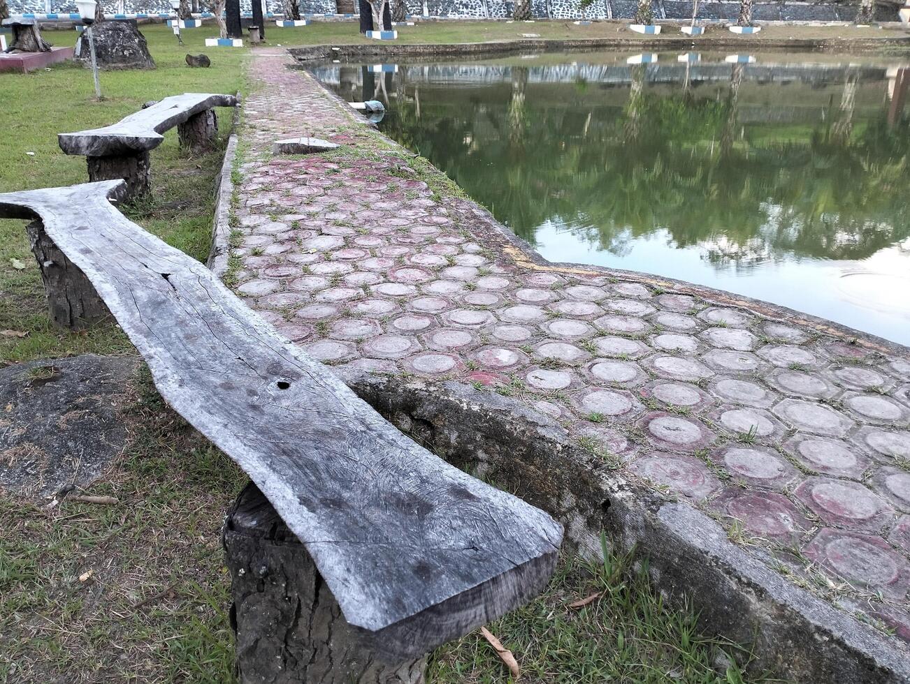 Wooden bench in the park or garden next to the pool, creative interior chair design that can be useful for sitting, relaxing and resting, Beautiful nature background. photo