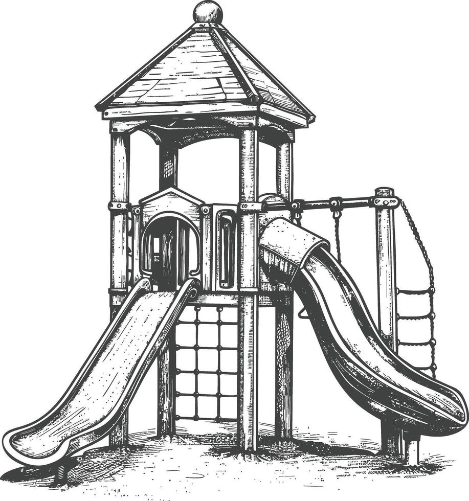 Wooden Playground Structure with Two Slides and a Climbing Net vector