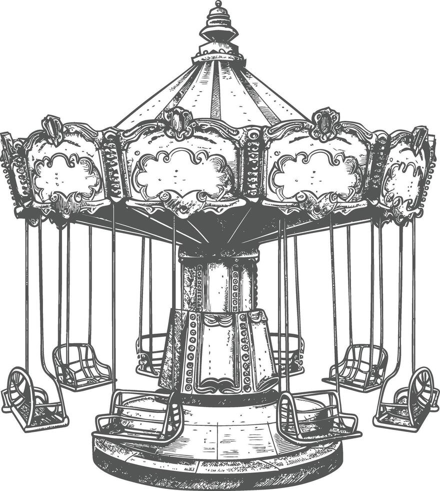 Vintage engraving style illustration of a classic carnival or park carousel with ornate details vector
