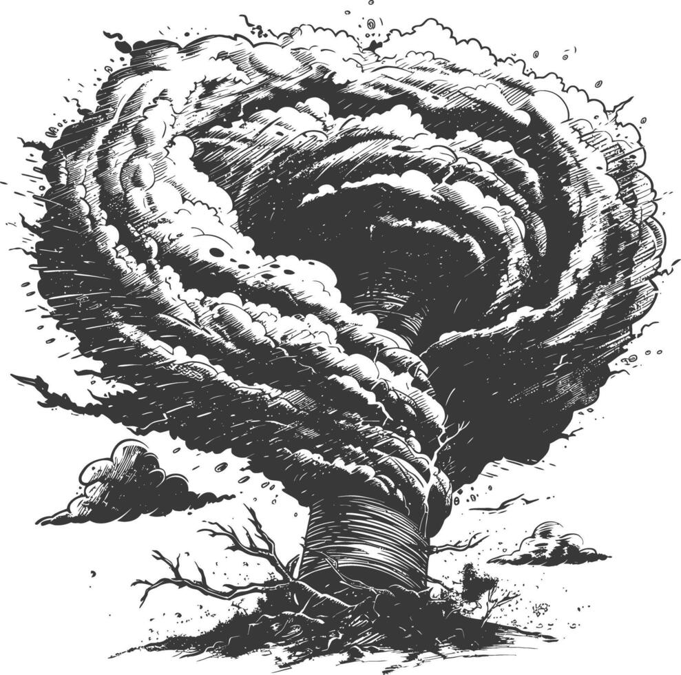 Monochrome illustration of a tornado ripping through a rural landscape vector