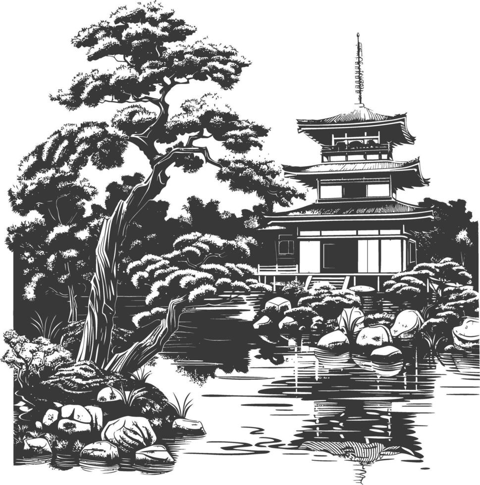Traditional Japanese Zen Garden with a Five-story Pagoda and a Large Tree vector