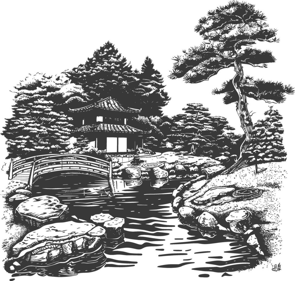Traditional Japanese Garden with a Meandering Stream and Stone Bridge vector