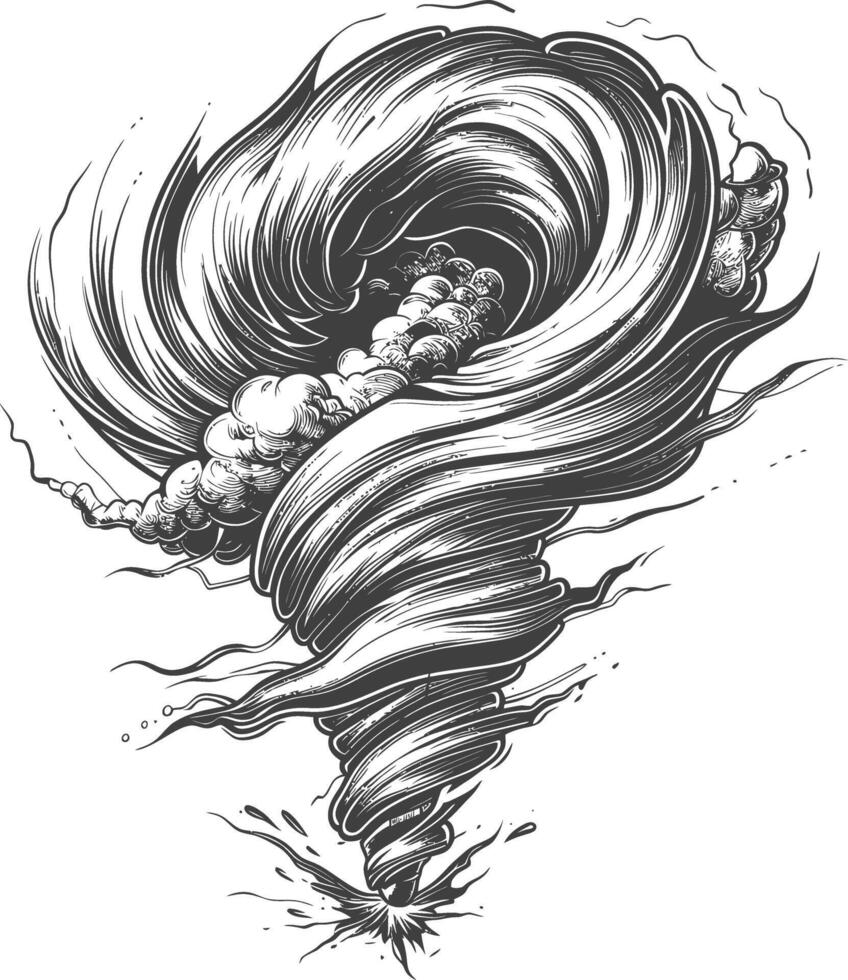 Black and white tornado illustration with debris vector