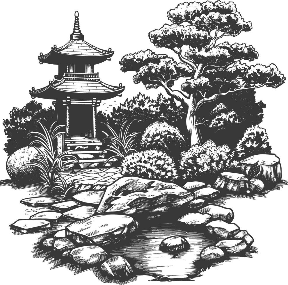 Detailed illustration of a traditional Japanese garden with a pagoda, trees, rocks, and a pond vector