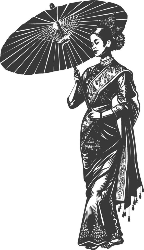 Ornate illustration of a Burmese woman wearing traditional clothing and holding a parasol vector