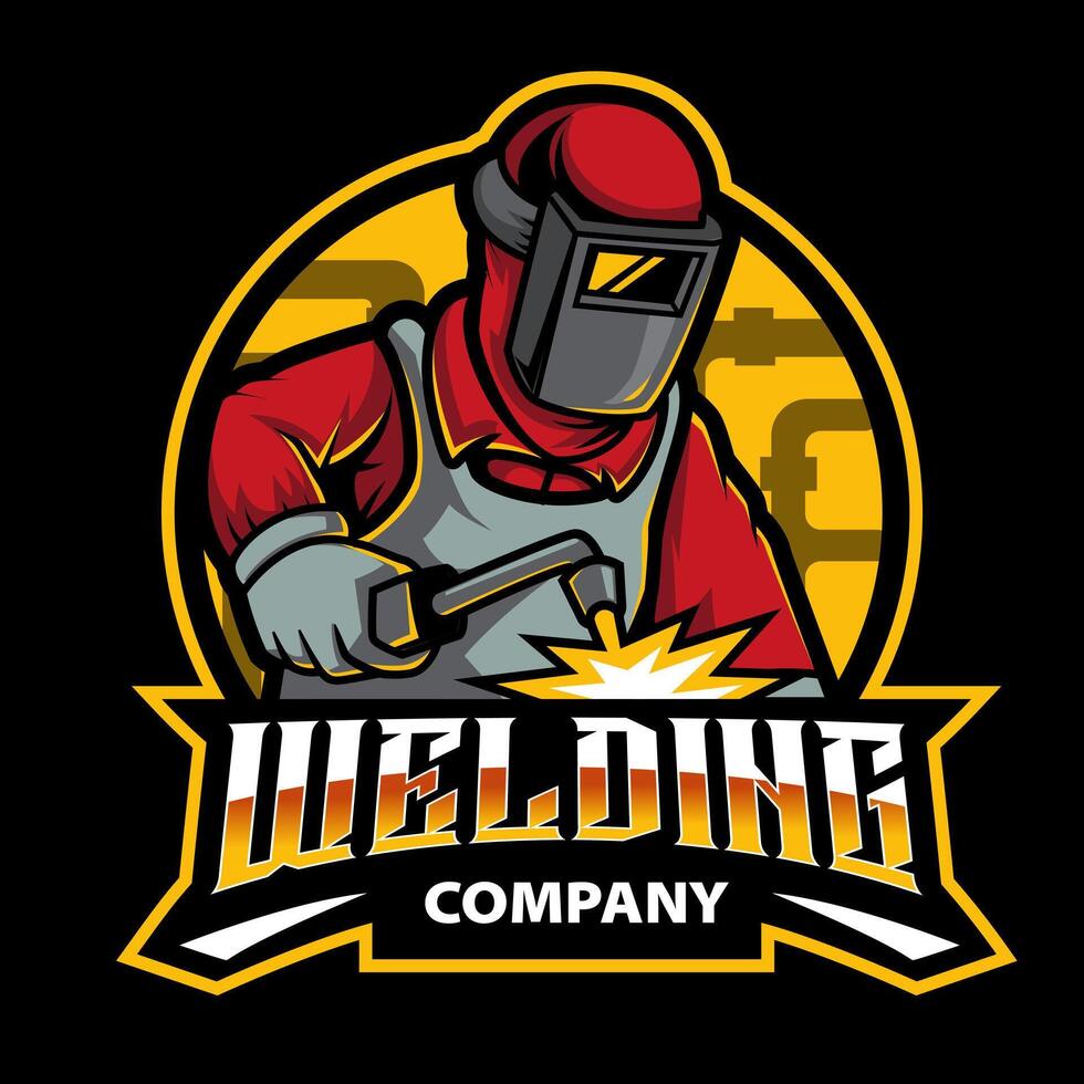 welder working with weld helmet in badge design style vector