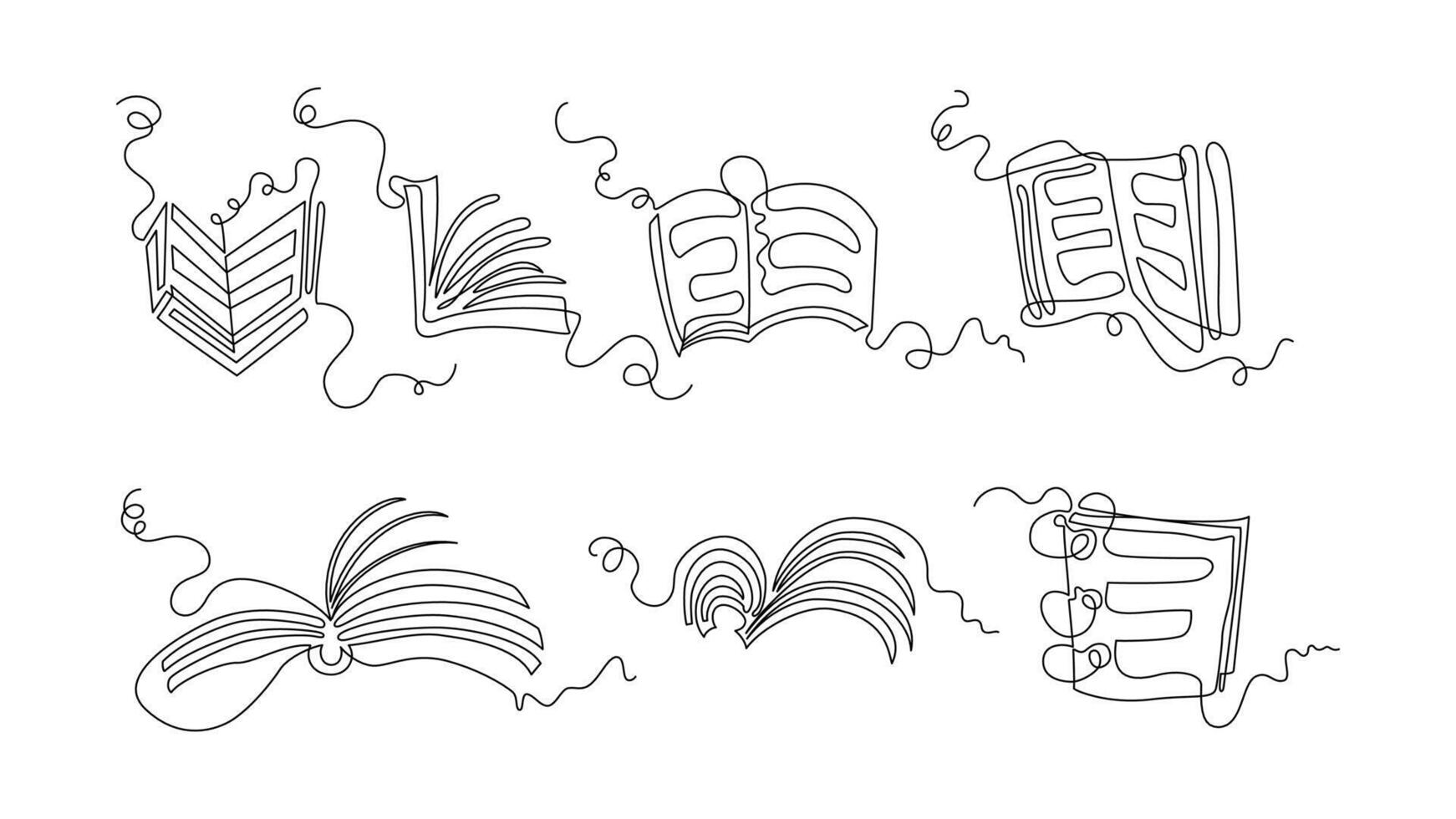 collection of one line continuous style open book icon. sketch, unique, line art concept. used for icons, symbols, signs, decoration, print vector