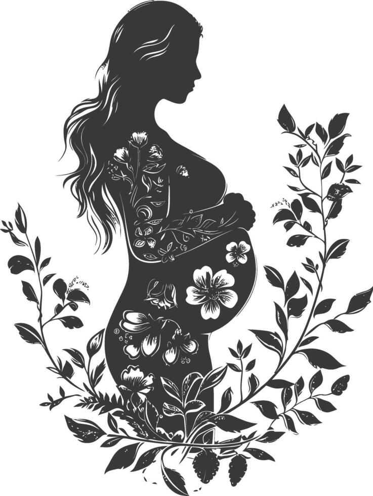 Ornate black and white floral silhouette of a pregnant woman vector