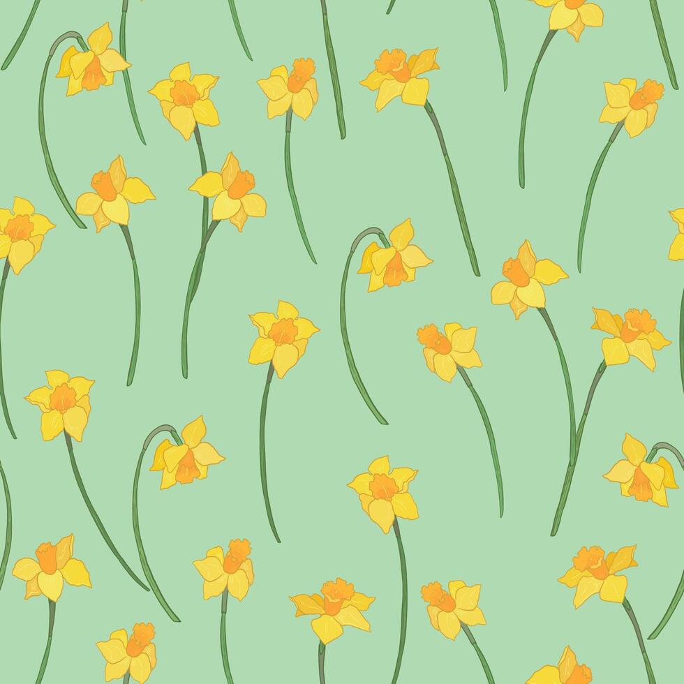 Daffodil flower illustrations seamless pattern. vector