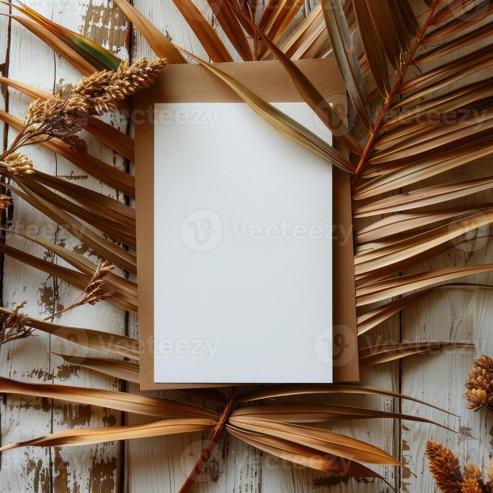 Top view of a blank white sheet of paper on a rustic wooden surface, surrounded by dried palm leaves and wheat. photo