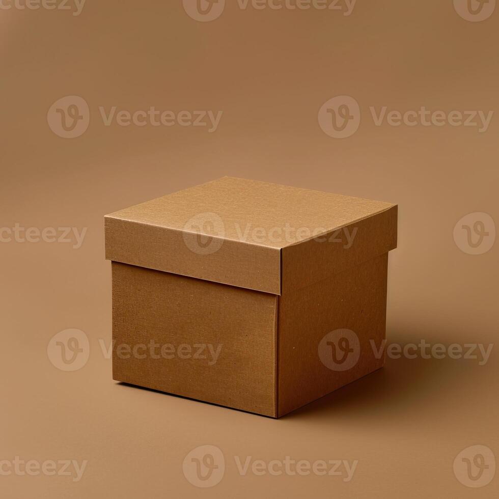 Minimalist brown cardboard box on a matching background, perfect for packaging, storage, or gift presentation. photo