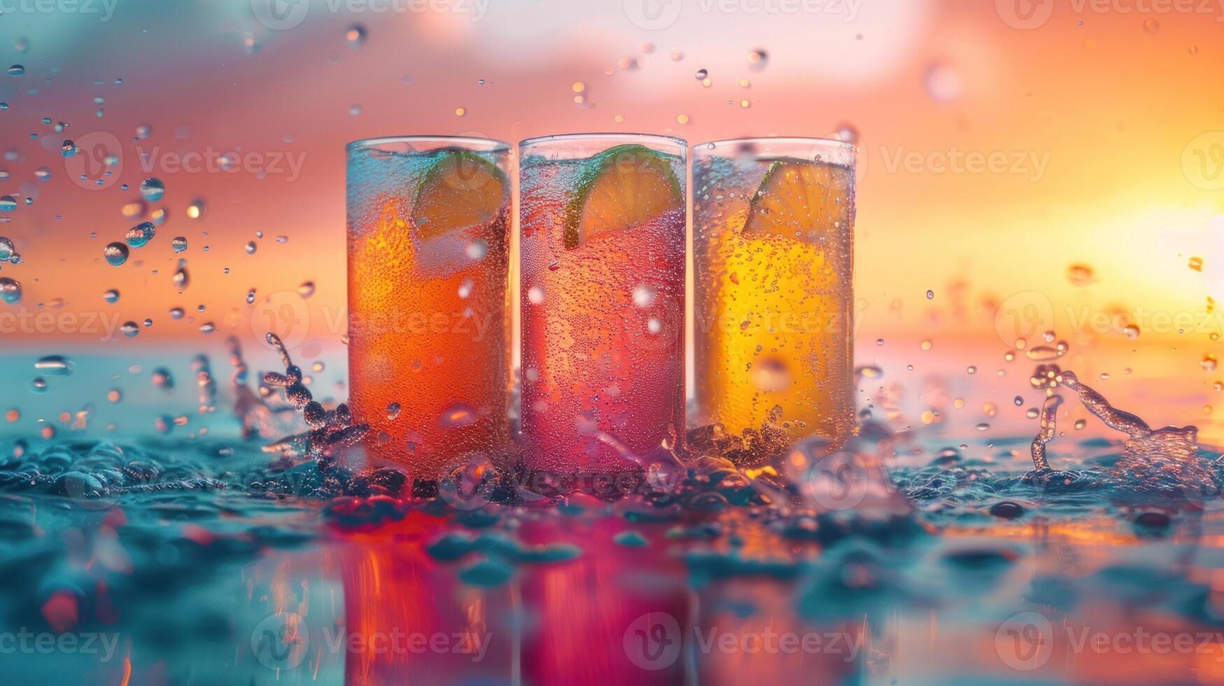 Refreshing tropical cocktails with lime slices splashing in vibrant sunset hues over the ocean background, capturing summer vibes. photo