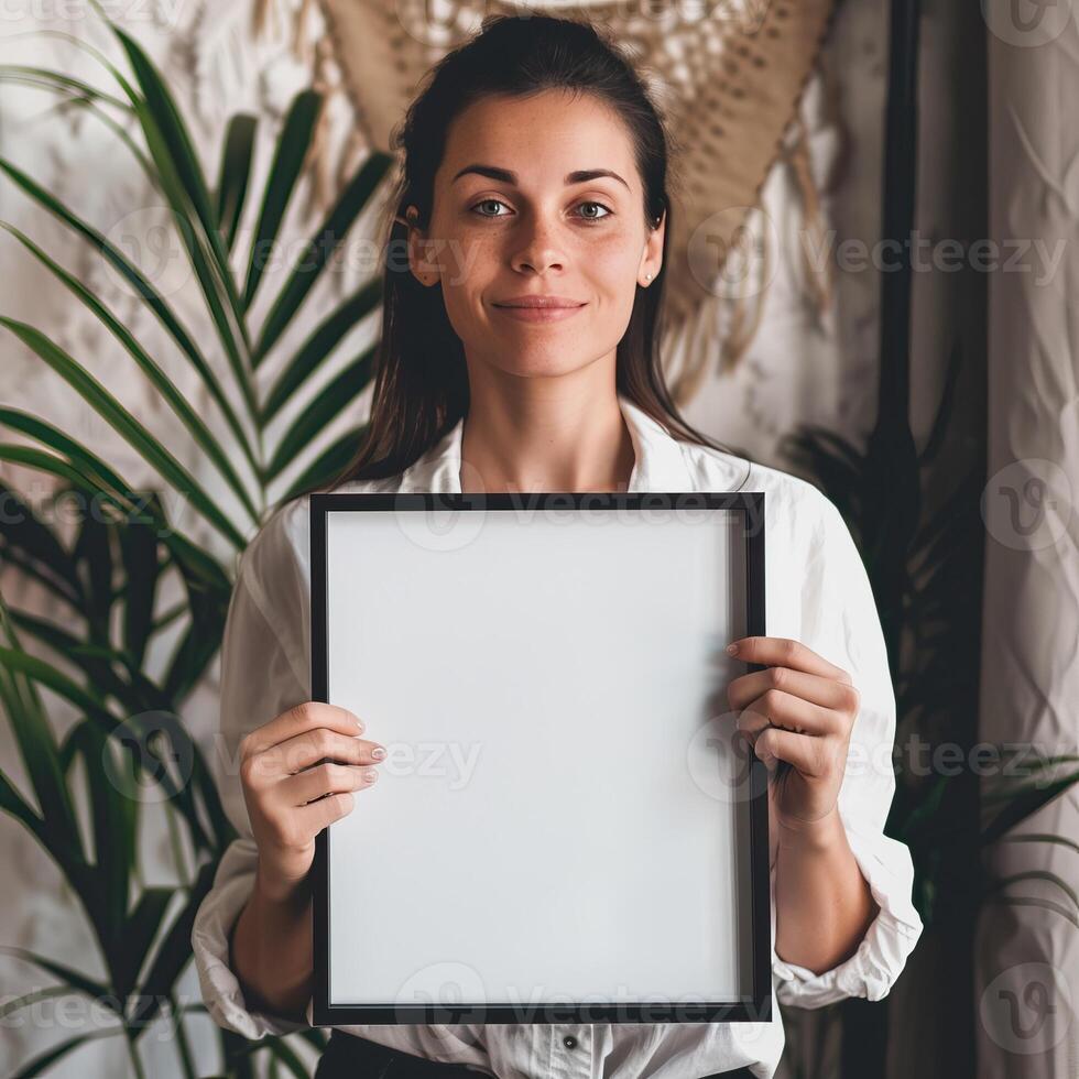 Woman holding a blank frame in a cozy indoor setting with plants, perfect for copy space or customizable content. photo