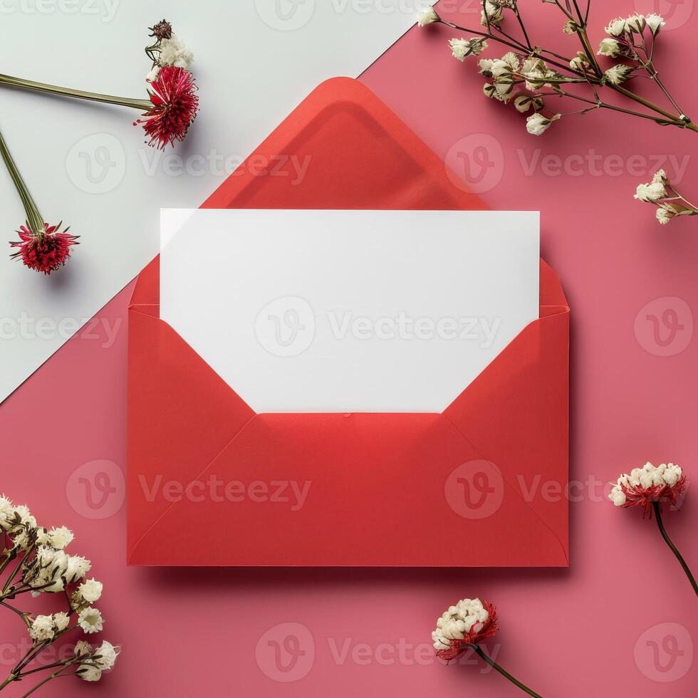 Red envelope with blank white card surrounded by flowers on a pink background perfect for invitations or greetings. photo