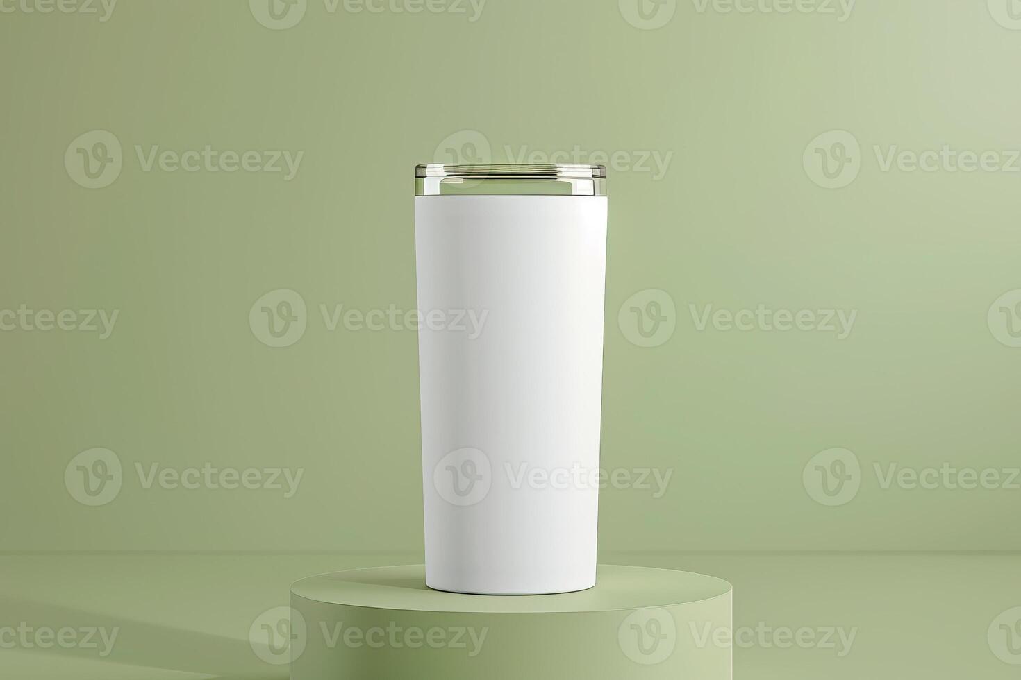 Minimalist white tumbler on green pedestal, perfect for coffee or tea, with a sleek and modern design for everyday use. photo