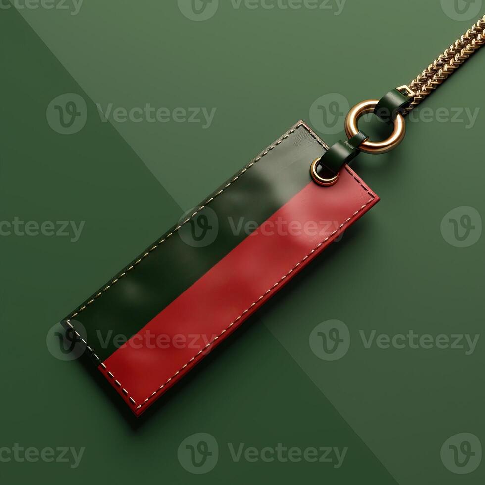 Elegant leather keychain with green and red design on gold chain, stylish accessory in a modern background. photo