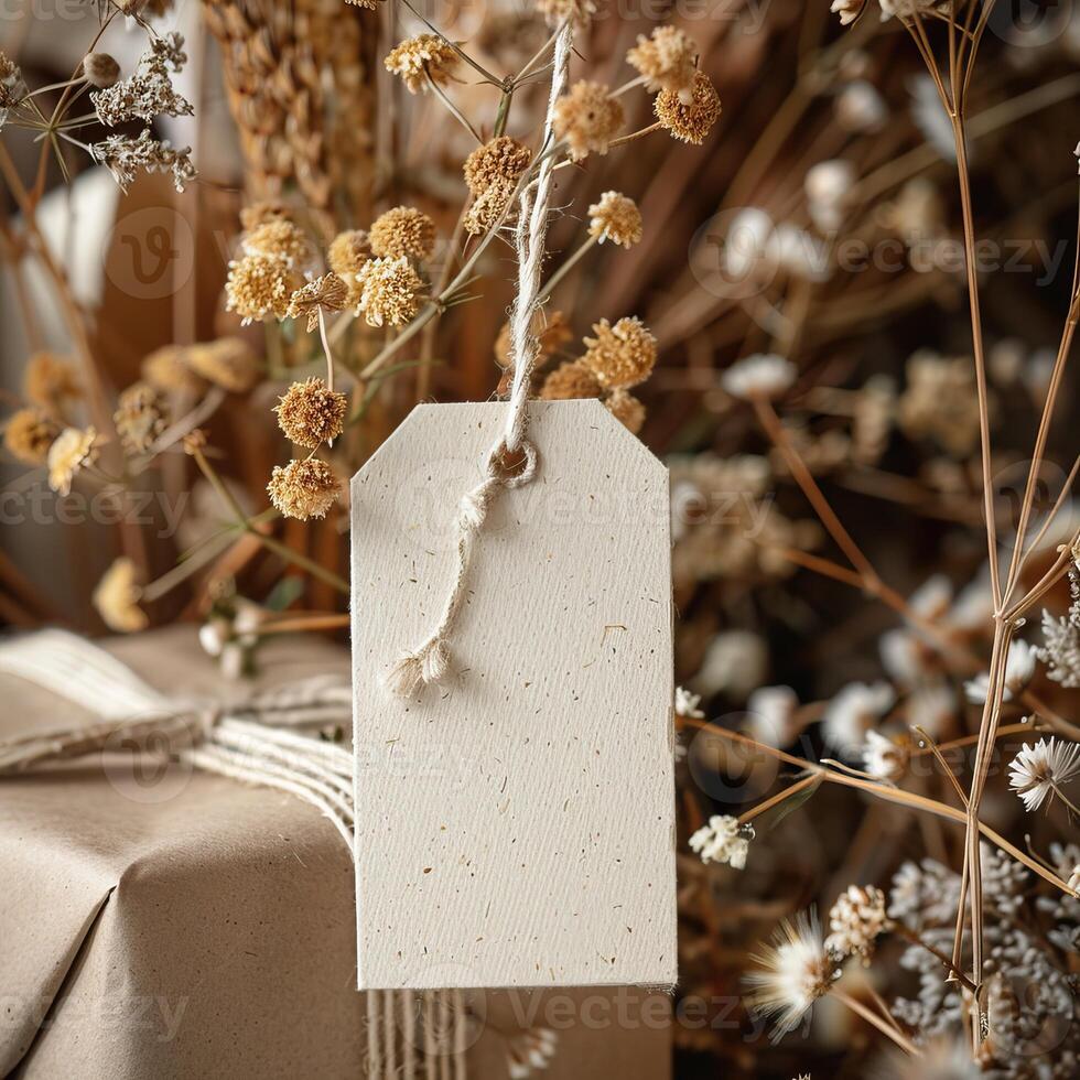 Rustic gift packaging with a blank tag and dried flowers, creating a warm and earthy aesthetic ideal for eco-friendly concepts. photo
