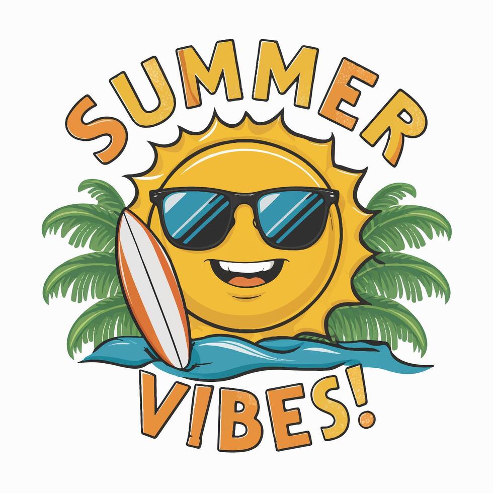T shirt design of Summer Vibes Cartoon sun with sunglasses and a surfboard with white background vector