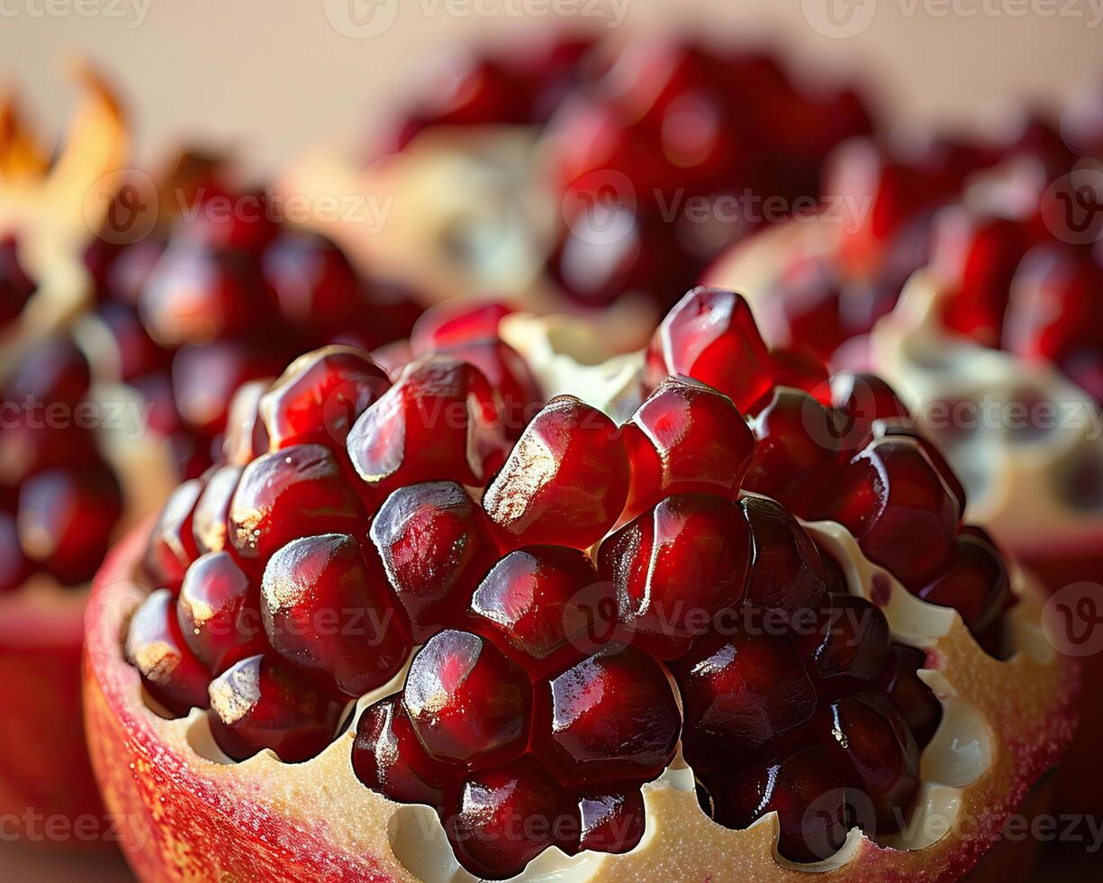Close-up of fresh pomegranate seeds in a fruit. The vibrant red arils are ripe and ready to eat, full of juice and antioxidants. photo