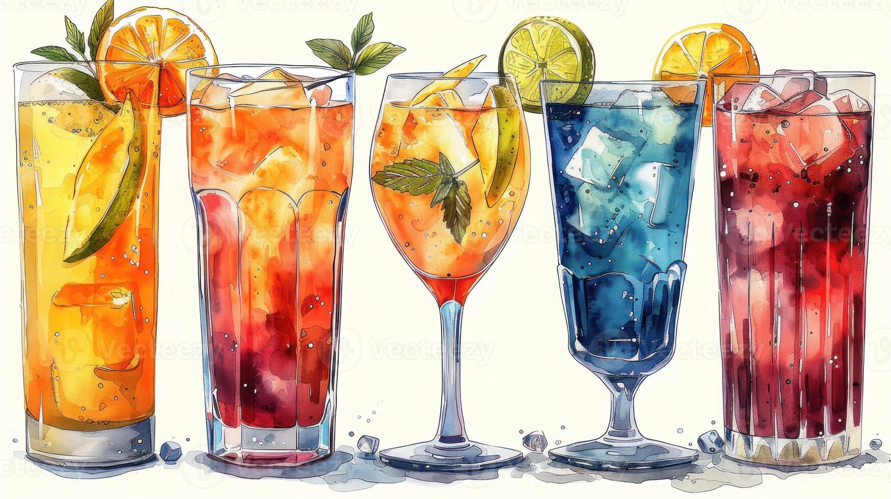 Colorful cocktails with various fruits and garnishes in different glassware, perfect for a party or refreshing summer drinks. photo