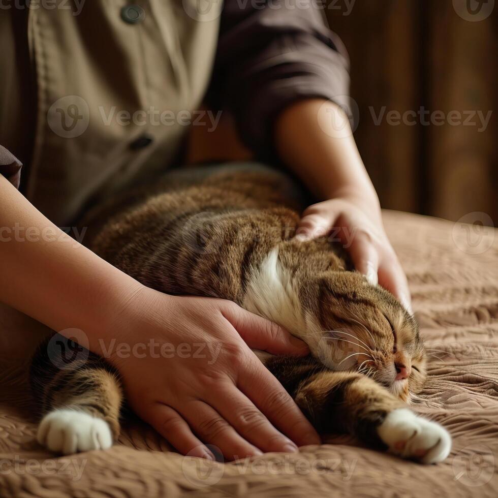 Person gently petting a relaxed cat on a bed, showcasing a tender moment of comfort and companionship. photo