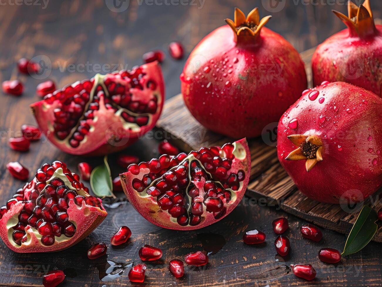Fresh pomegranates and pomegranate seeds on a wooden surface, showcasing the vibrant color and juicy texture of the fruit. photo