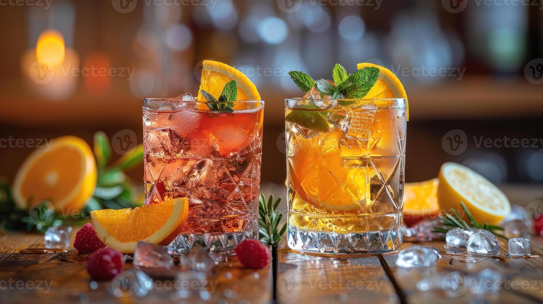 Close-up of refreshing cocktails garnished with orange slices and mint leaves. Vibrant drinks on a wooden table with scattered ice cubes. photo